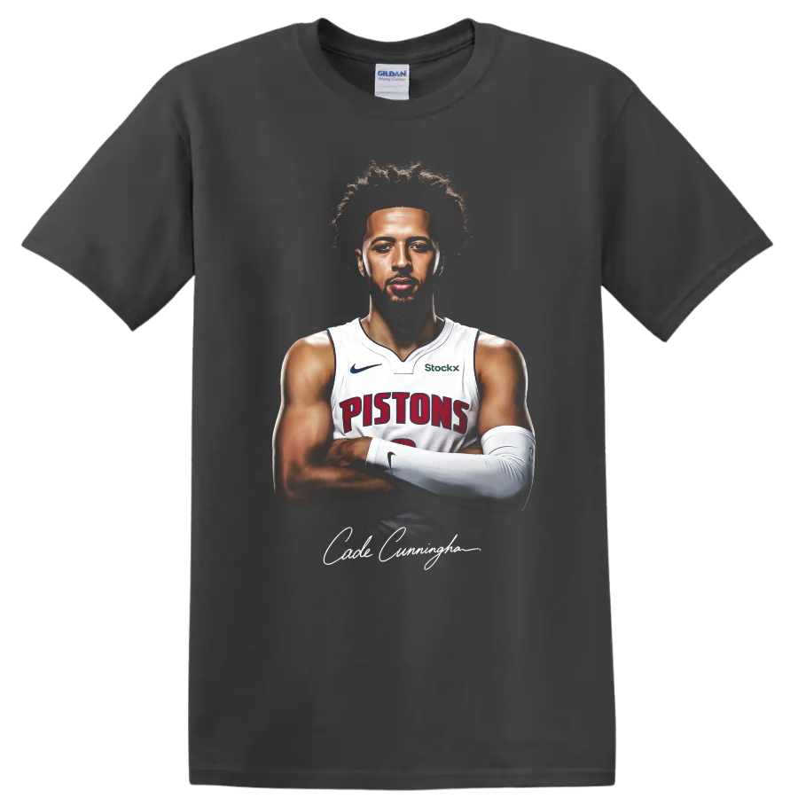 Cade Cunningham Detroit Pistons crossed-arm basketball portrait with signature on a Charcoal T Shirt