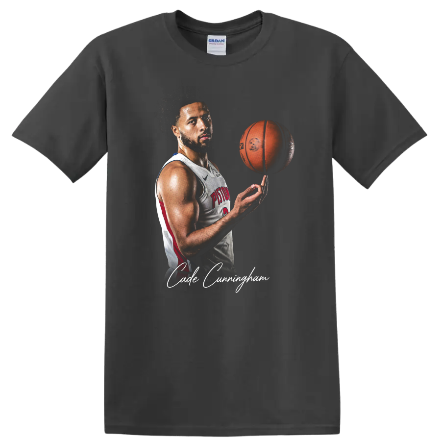 Cade Cunningham Detroit Pistons portrait with spinning basketball and signature script on a Charcoal T Shirt