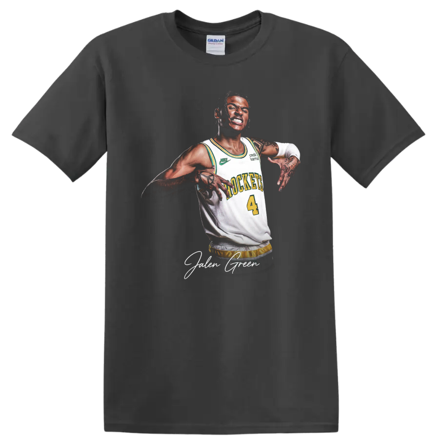 Jalen Green basketball portrait in a number 4 jersey with signature-style name text on a Charcoal T Shirt