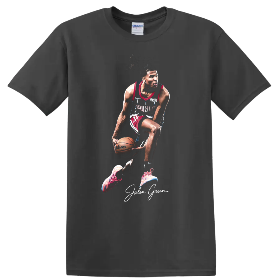 Jalen Green Houston Rockets dribbling basketball action graphic with signature text on a Charcoal T Shirt