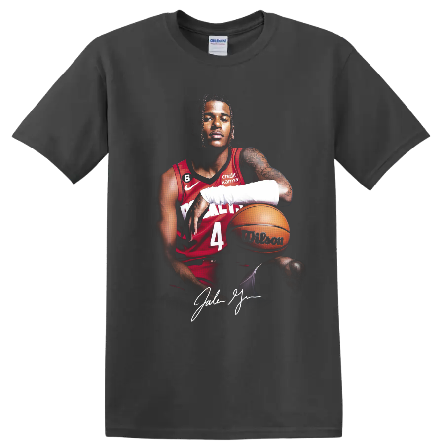 Jalen Green Houston Rockets basketball portrait with red number 4 jersey and ball on a Charcoal T Shirt