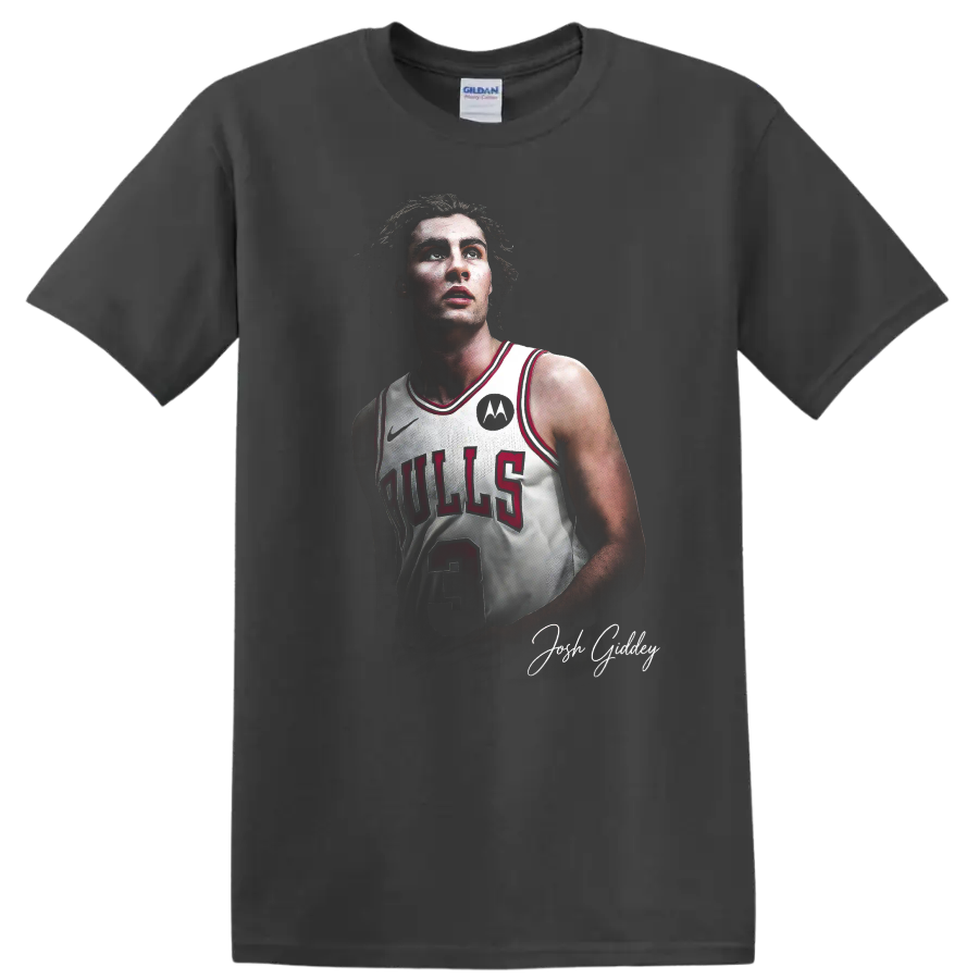 Josh Giddey Chicago Bulls number 3 basketball portrait with signature-style script on a Charcoal T Shirt