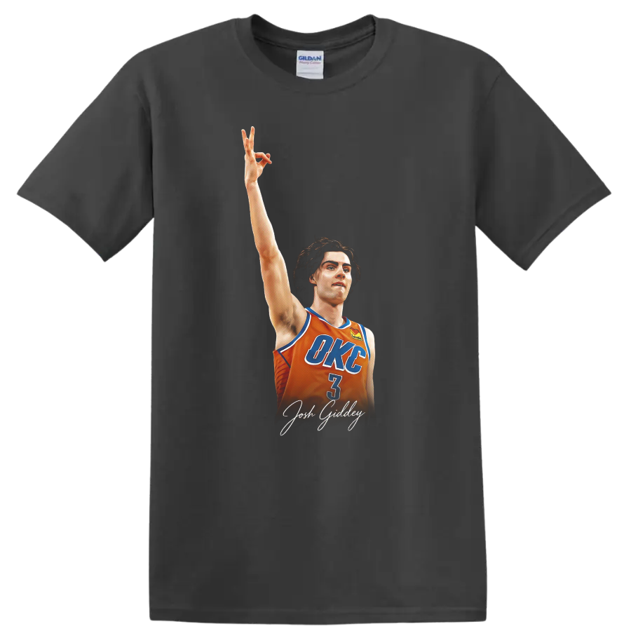 Josh Giddey in orange OKC number 3 jersey with raised arm and signature-style text on a Charcoal T Shirt