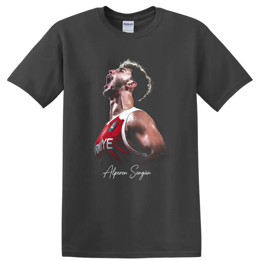 Alperen Şengün shouting in a red Turkey basketball jersey with signature script on a Charcoal T Shirt