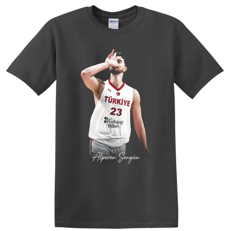 Alperen Şengün Turkey basketball action portrait with number 23 and signature text on a Charcoal T Shirt