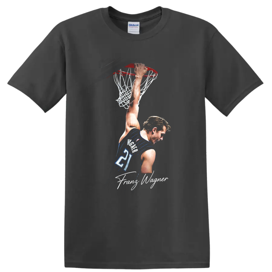 Franz Wagner Orlando Magic dunk graphic with hoop, net, jersey number 21, and signature on a Charcoal T Shirt