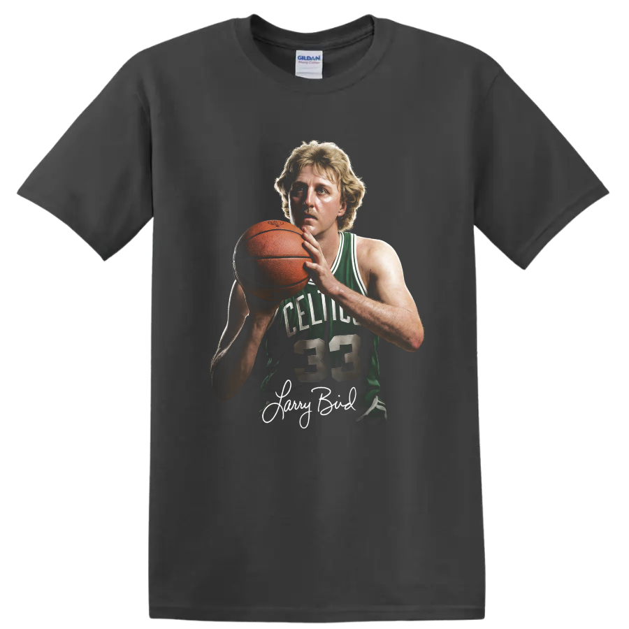Larry Bird Boston Celtics number 33 basketball portrait with signature on a Charcoal T Shirt