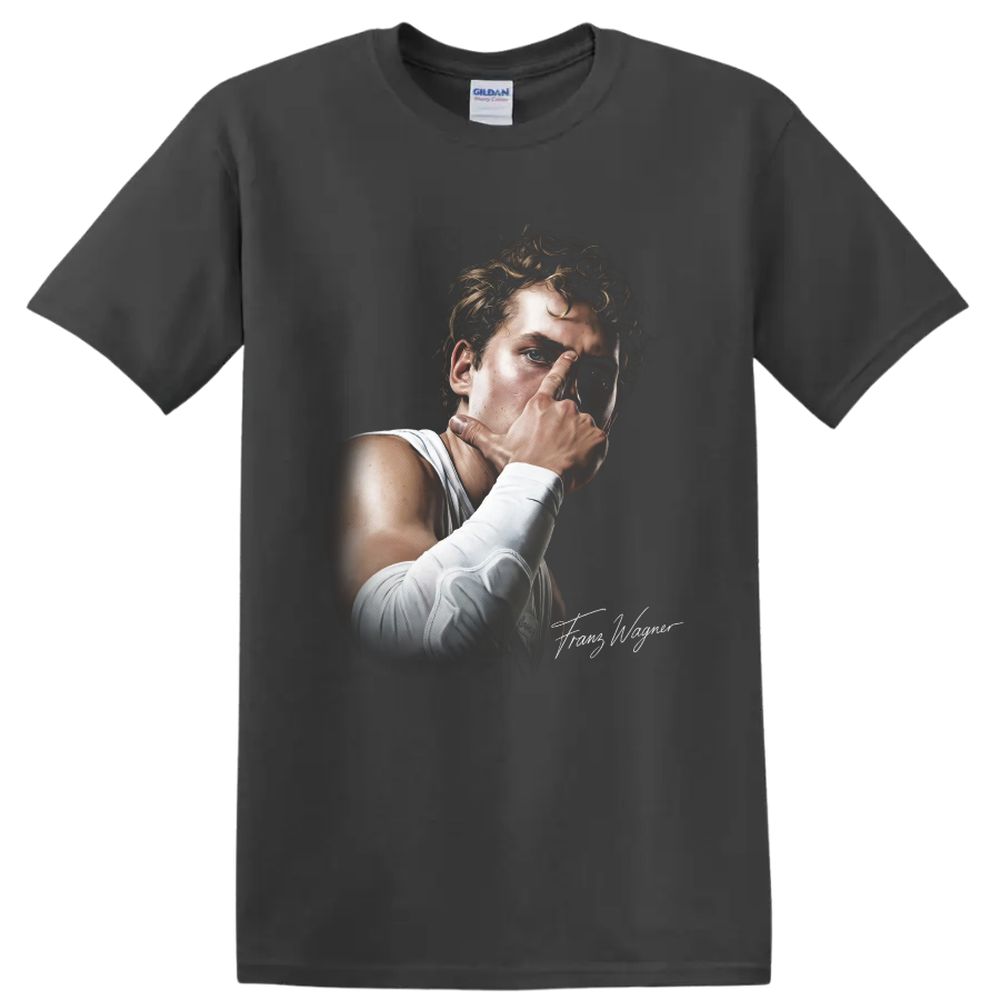 Realistic Reggie Miller Indiana Pacers basketball portrait with white jersey and wrist on a Charcoal T Shirt