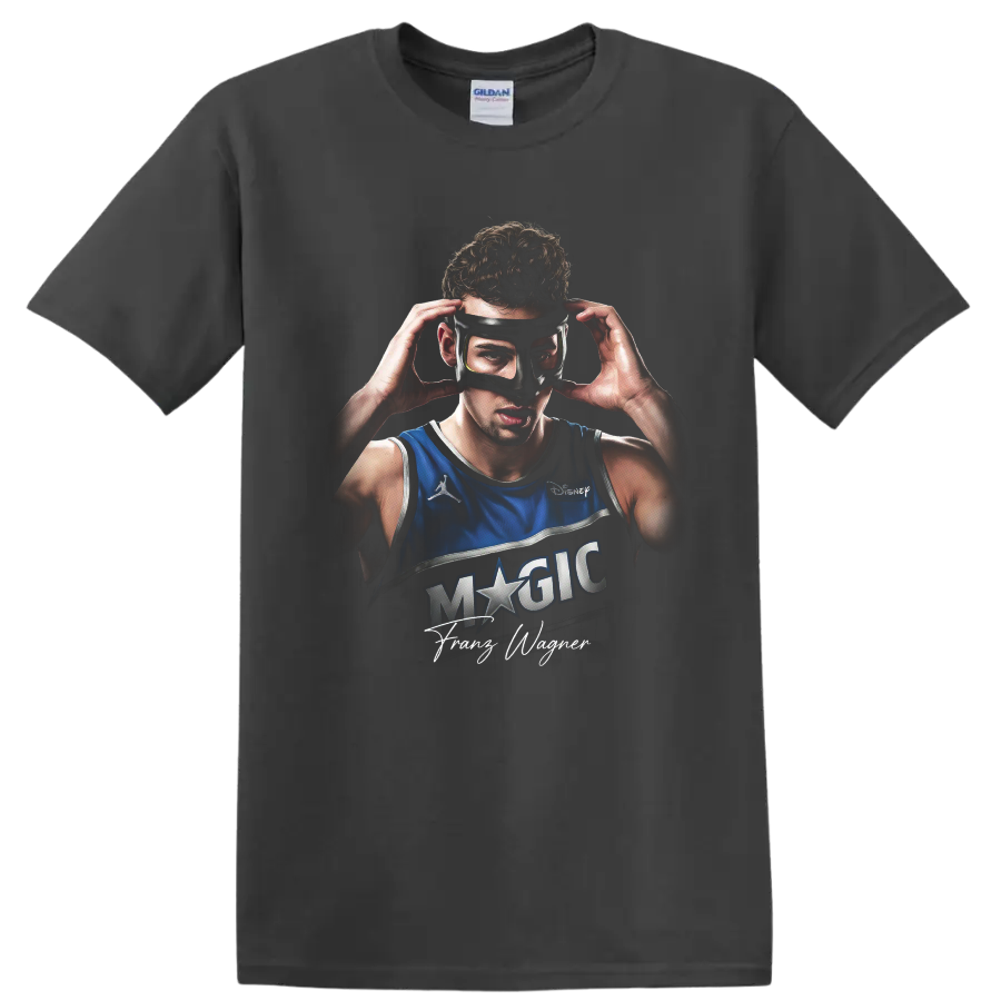 Franz Wagner Orlando Magic masked basketball portrait with signature on a Charcoal T Shirt