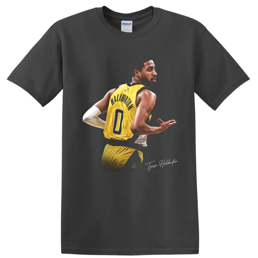 Tyrese Haliburton in yellow Indiana Pacers number 0 uniform, dynamic basketball portrait on a Charcoal T Shirt
