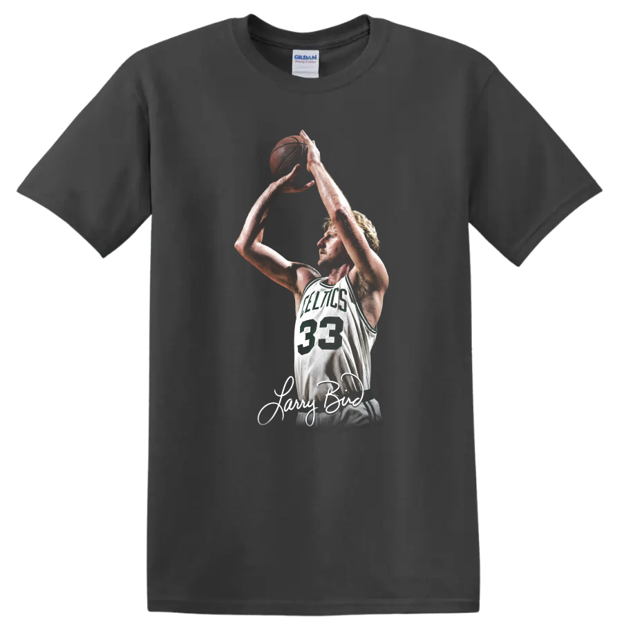 Larry Bird Celtics number 33 shooting pose graphic with signature-style script on a Charcoal T Shirt