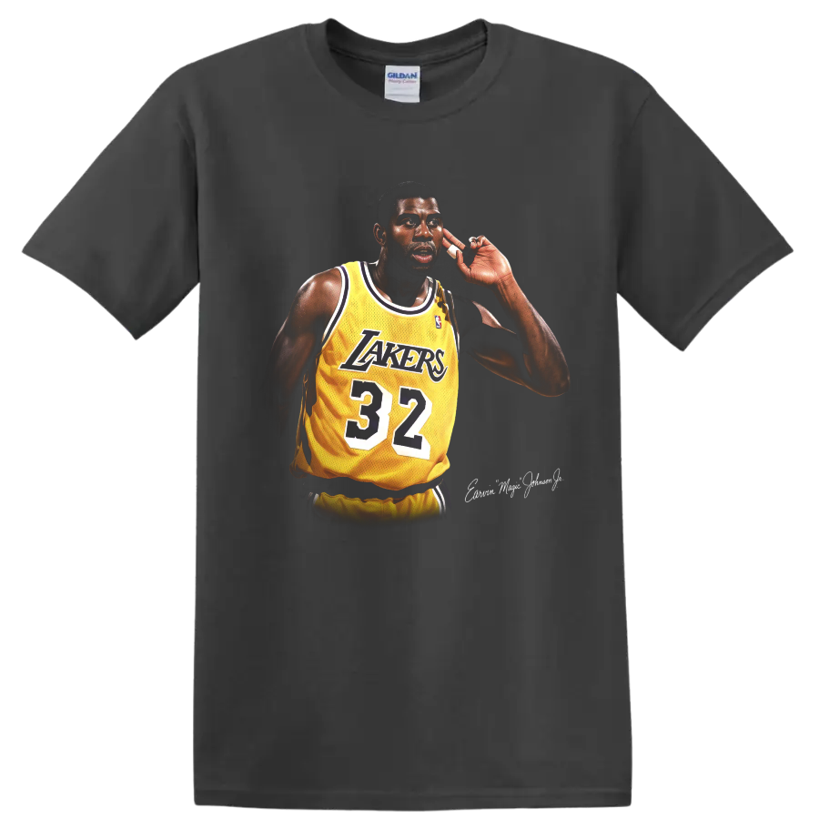 Magic Johnson in a Lakers number 32 jersey, detailed retro basketball portrait on a Charcoal T Shirt