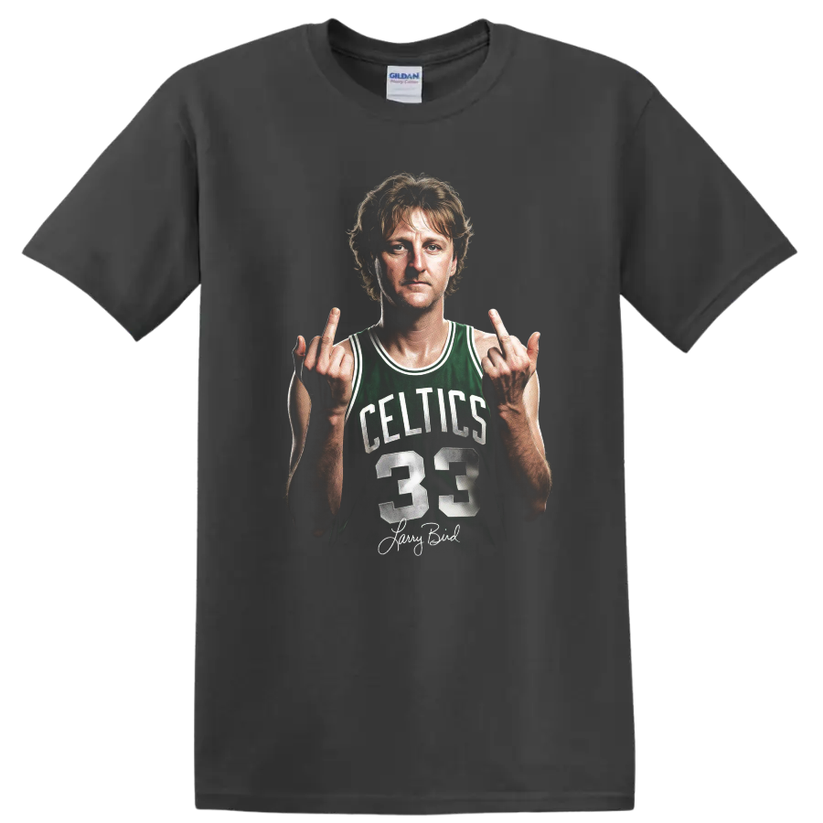 Larry Bird Boston Celtics number 33 portrait graphic with signature-style text on a Charcoal T Shirt