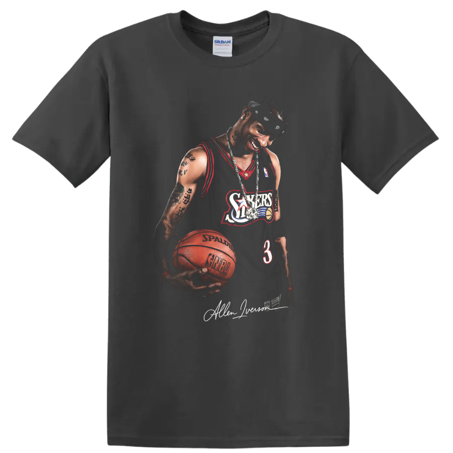 Allen Iverson Philadelphia 76ers number 3 basketball portrait with signature on a Charcoal T Shirt