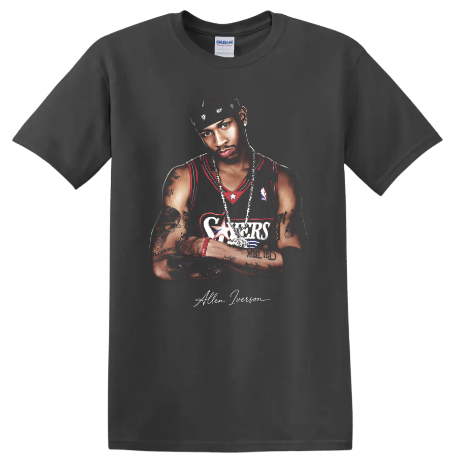 Allen Iverson Philadelphia 76ers basketball portrait with headband and jersey on a Charcoal T Shirt