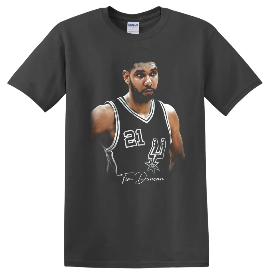 Tim Duncan San Antonio Spurs number 21 retro-style basketball portrait on a Charcoal T Shirt