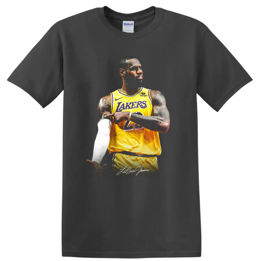 LeBron James in Los Angeles Lakers number 23 jersey portrait with signature on a Charcoal T Shirt