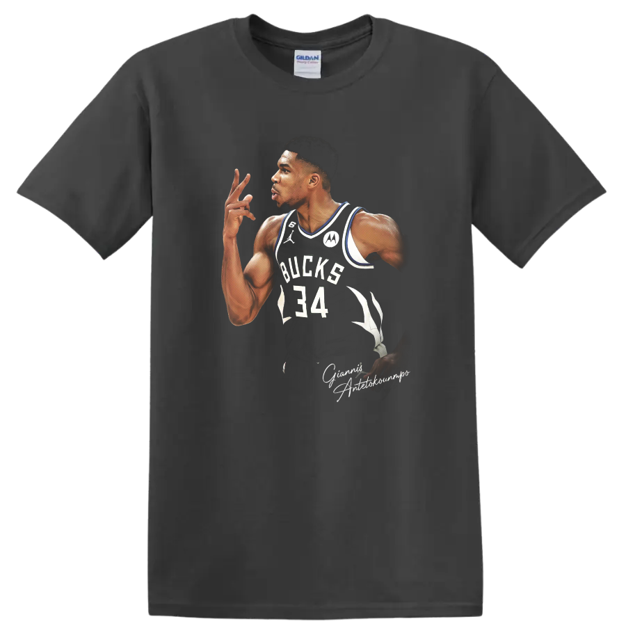 Giannis Antetokounmpo Milwaukee Bucks number 34 basketball portrait graphic on a Charcoal T Shirt