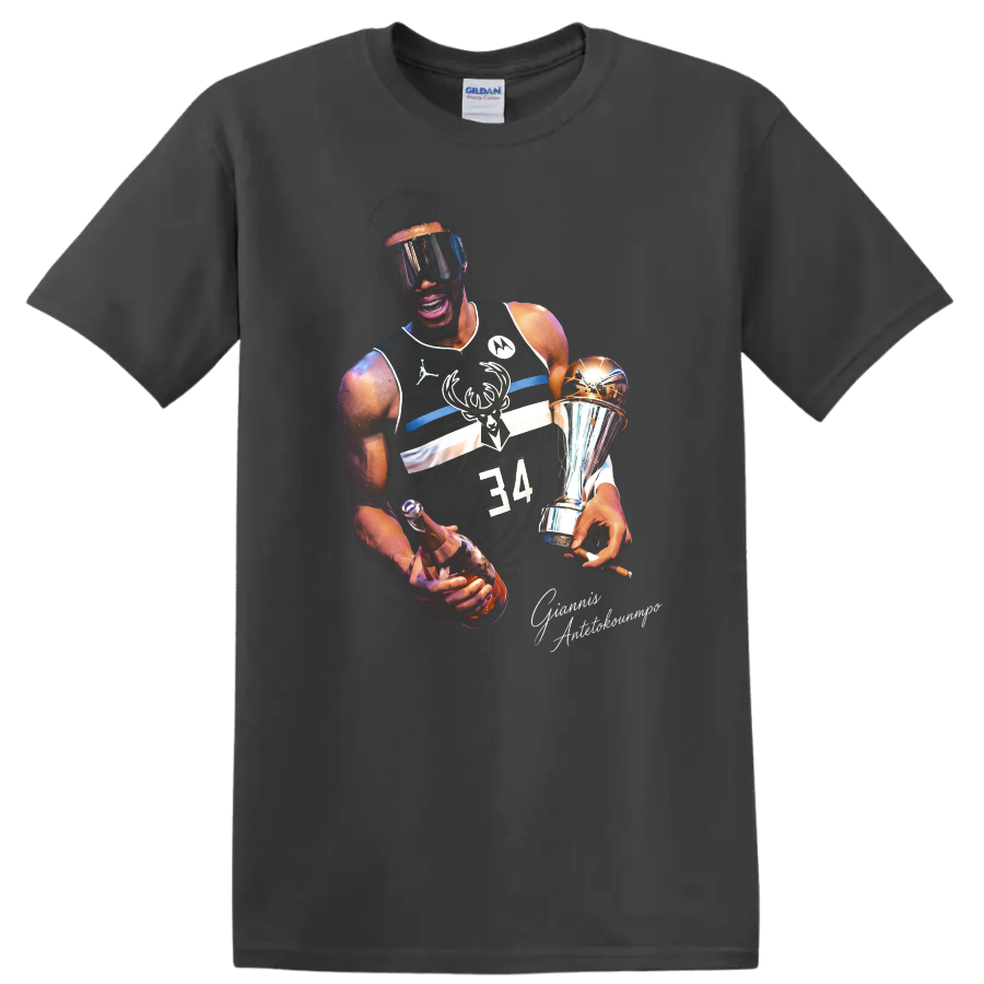 Giannis Antetokounmpo Bucks championship trophy portrait with number 34 jersey on a Charcoal T Shirt