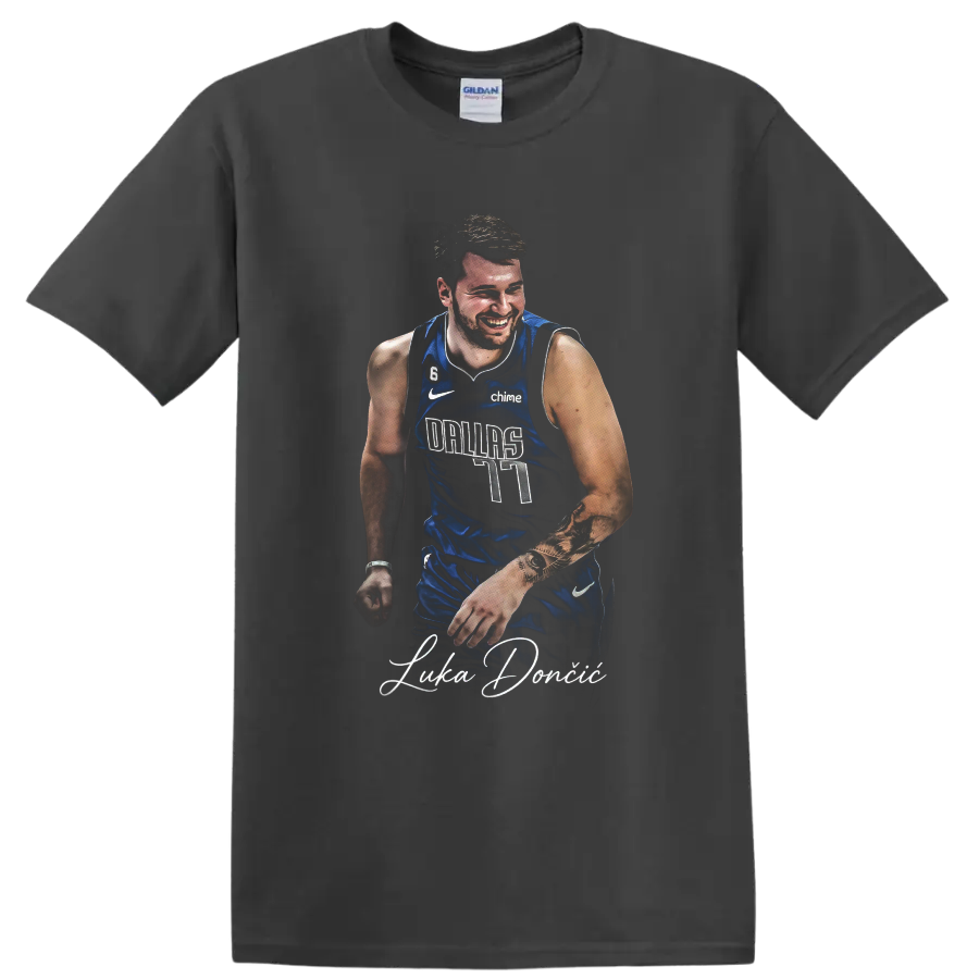 Luka Doncic Dallas Mavericks number 77 portrait with signature-style lettering on a Charcoal T Shirt