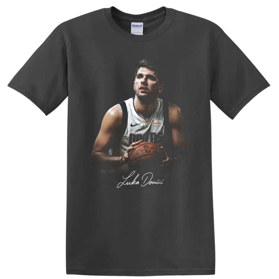 Kyrie Irving Dallas Mavericks basketball player portrait holding a ball on a Charcoal T Shirt