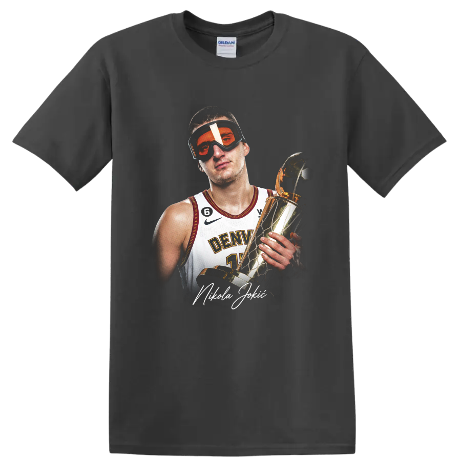 Nikola Jokić holding a gold trophy in orange goggles and Denver jersey portrait on a Charcoal T Shirt