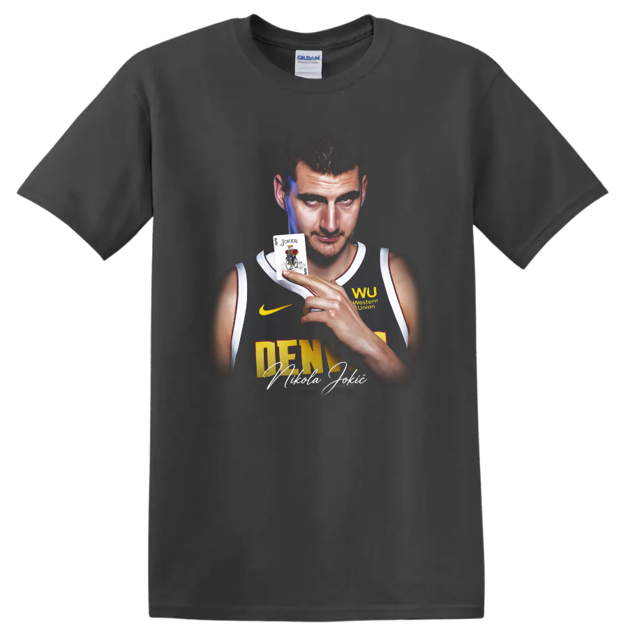 Nikola Jokić Denver Nuggets portrait holding a Joker card with signature-style text on a Charcoal T Shirt