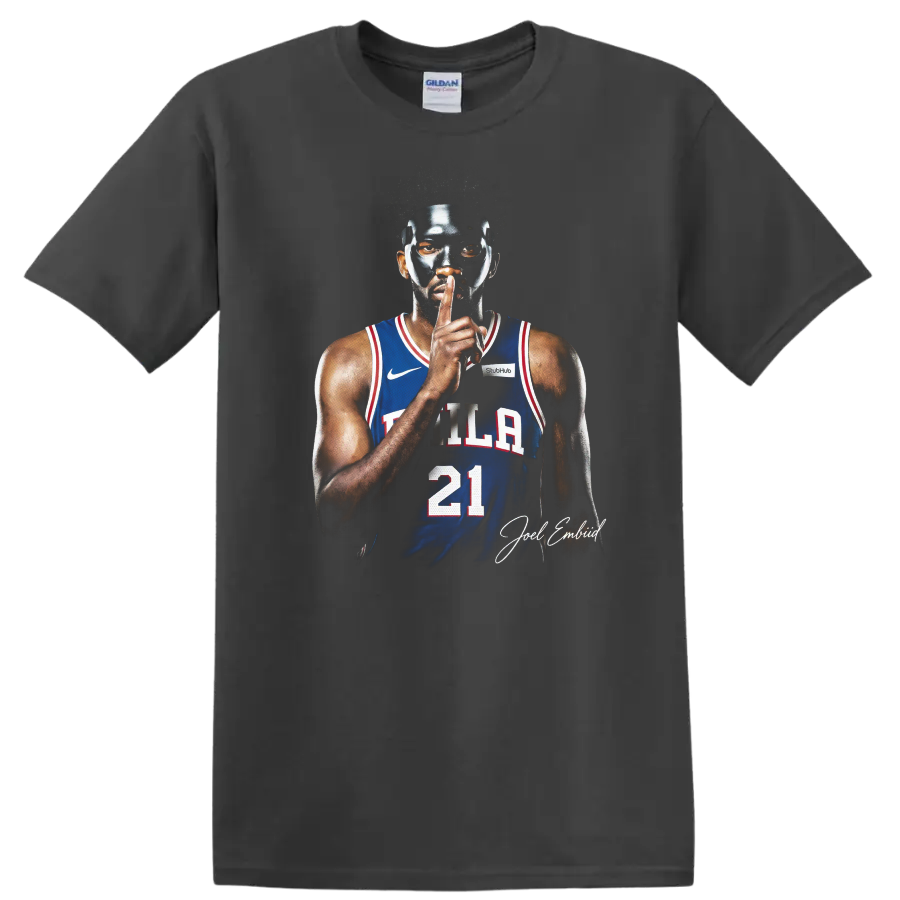 Joel Embiid masked Philadelphia 76ers number 21 basketball portrait with signature on a Charcoal T Shirt