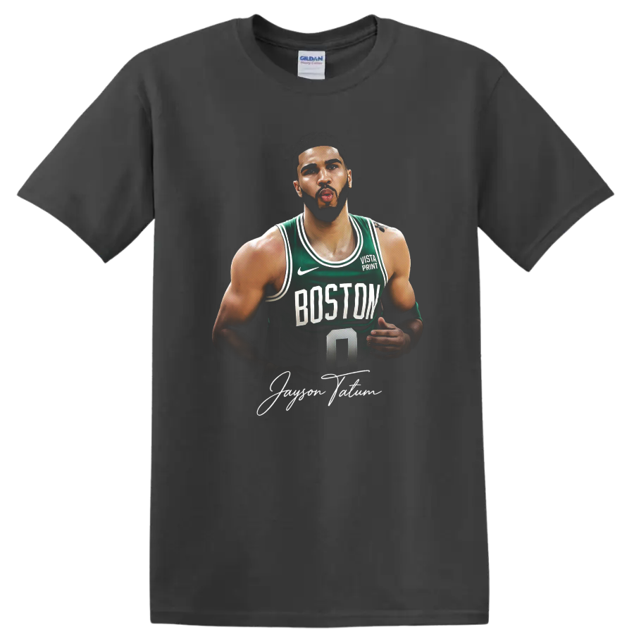 Jayson Tatum Boston Celtics number 0 basketball portrait with signature-style text on a Charcoal T Shirt