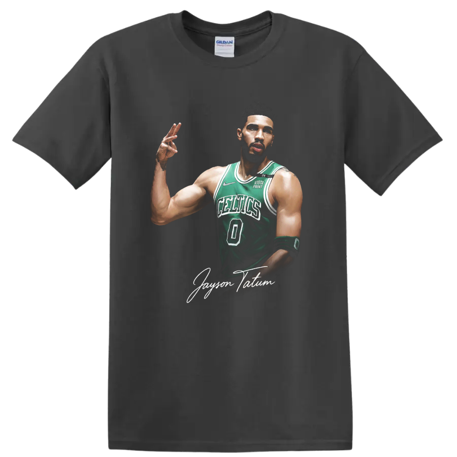 Jayson Tatum Boston Celtics number 0 basketball portrait with signature script on a Charcoal T Shirt