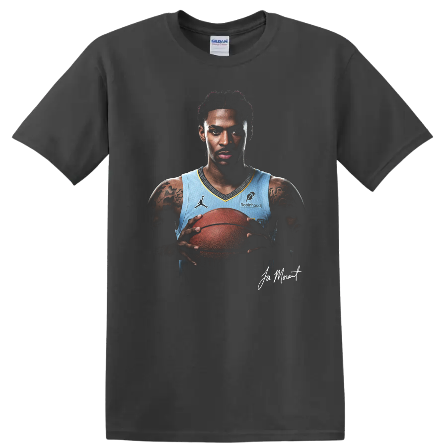 Ja Morant Memphis Grizzlies basketball portrait holding a ball with signature detail on a Charcoal T Shirt