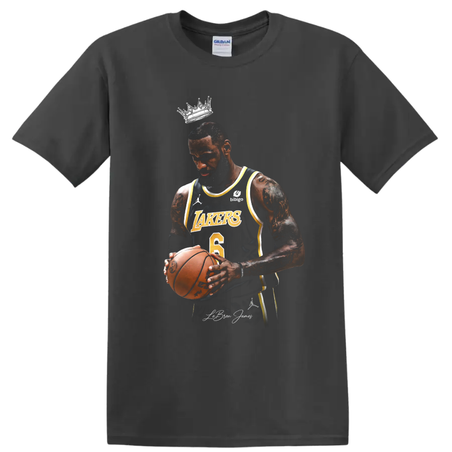 LeBron James Lakers-style basketball portrait with crown and number 6 jersey on a Charcoal T Shirt