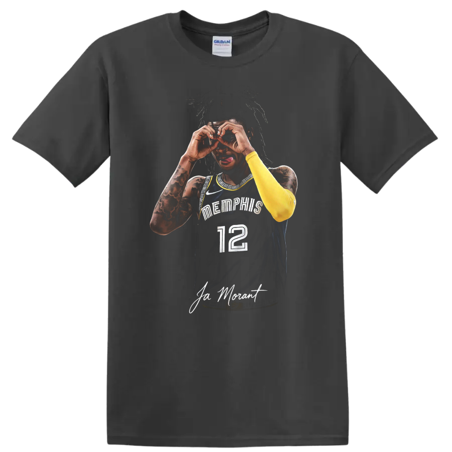 Ja Morant Memphis Grizzlies number 12 basketball portrait with binocular hand gesture on a Charcoal T Shirt