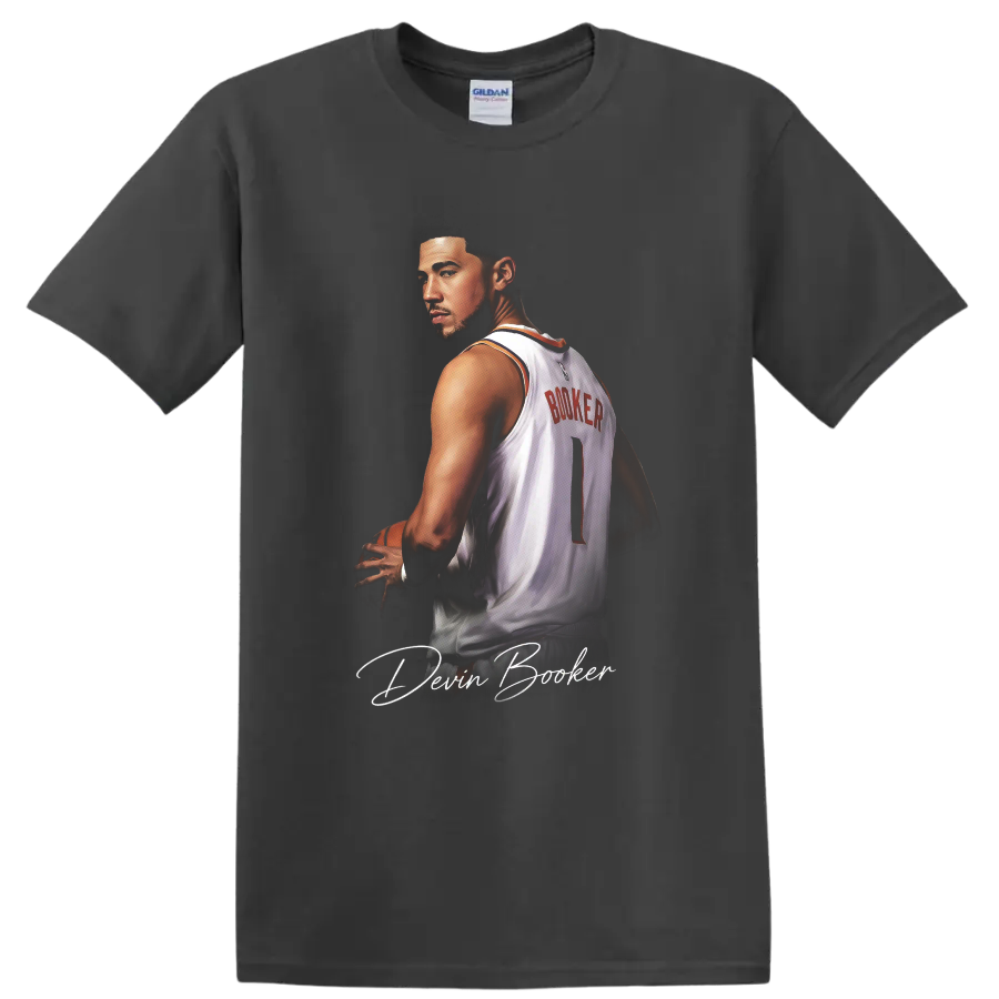Devin Booker Phoenix Suns jersey portrait with basketball, number 1 and signature script on a Charcoal T Shirt