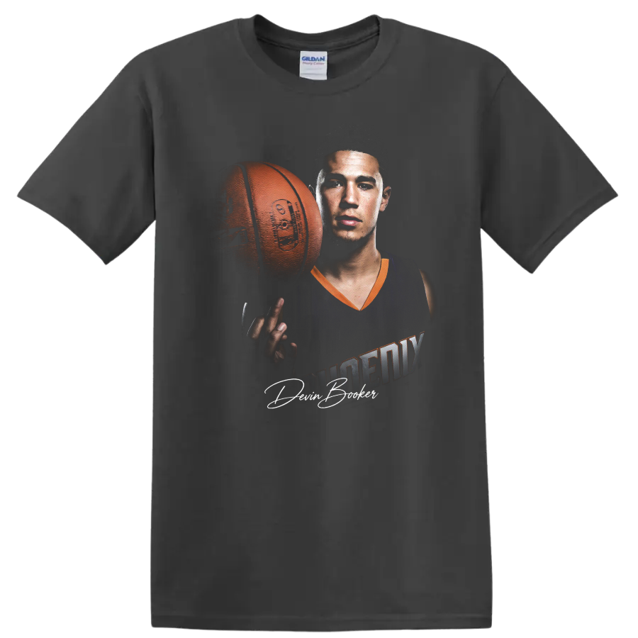 Kevin Durant Phoenix Suns basketball player portrait with ball and signature-style text on a Charcoal T Shirt