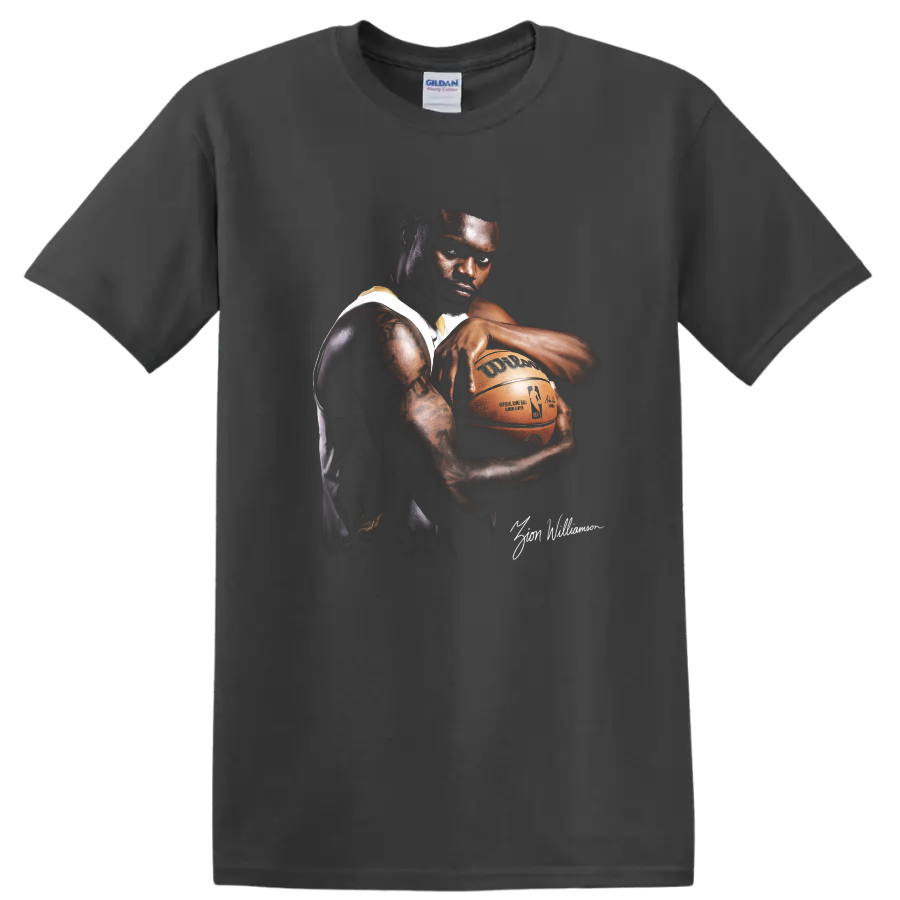 Zion Williamson basketball portrait holding a ball in dramatic high-contrast style on a Charcoal T Shirt