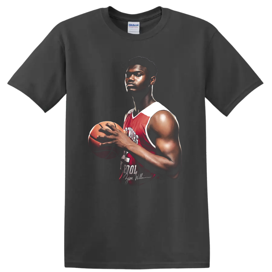 Zion Williamson Spartanburg Day School basketball portrait with red number 1 jersey on a Charcoal T Shirt