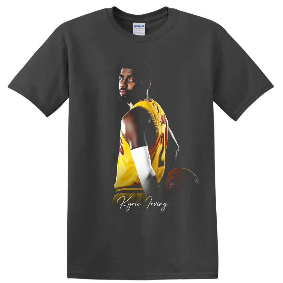 Kyrie Irving Cleveland Cavaliers basketball portrait with gold number 2 jersey on a Charcoal T Shirt