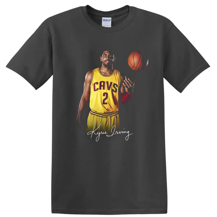 Kyrie Irving Cavaliers number 2 basketball portrait with floating ball and signature on a Charcoal T Shirt
