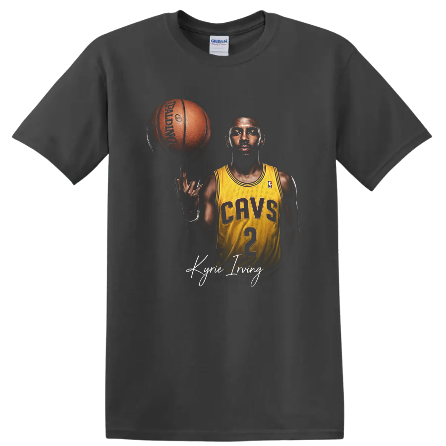 Kyrie Irving Cleveland Cavaliers basketball portrait with spinning ball and signature on a Charcoal T Shirt