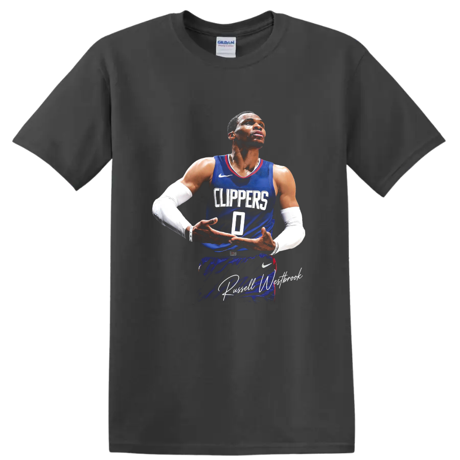 Russell Westbrook in Clippers number 0 jersey with signature-style text on a Charcoal T Shirt
