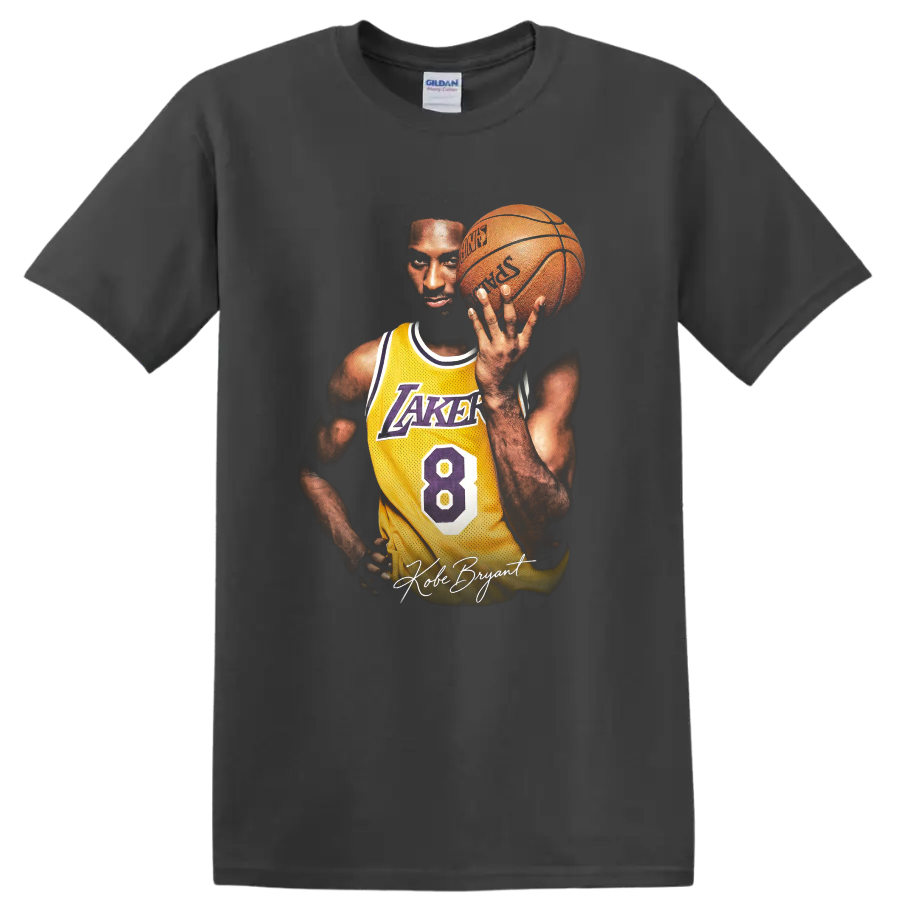 Kobe Bryant Lakers number 8 basketball portrait with signature script on a Charcoal T Shirt