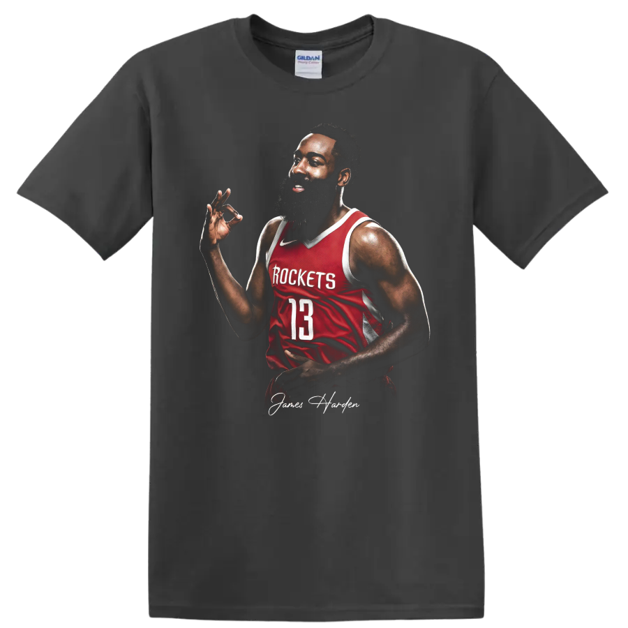 James Harden Houston Rockets number 13 basketball portrait with signature on a Charcoal T Shirt