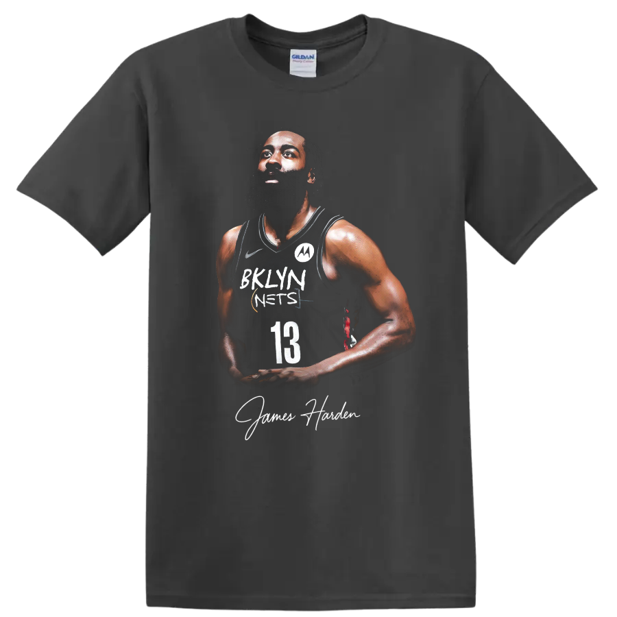 Kevin Durant Brooklyn Nets number 13 player portrait with signature-style name text on a Charcoal T Shirt