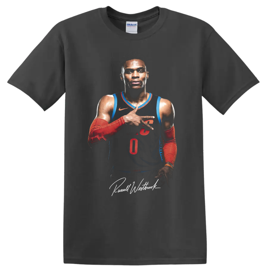 Russell Westbrook Oklahoma City Thunder number 0 basketball portrait with script signature on a Charcoal T Shirt