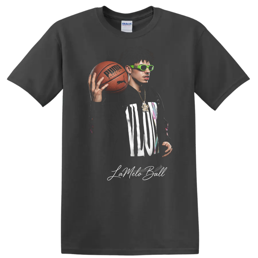 LaMelo Ball holding a basketball in neon green sunglasses with MELO lettering on a Charcoal T Shirt