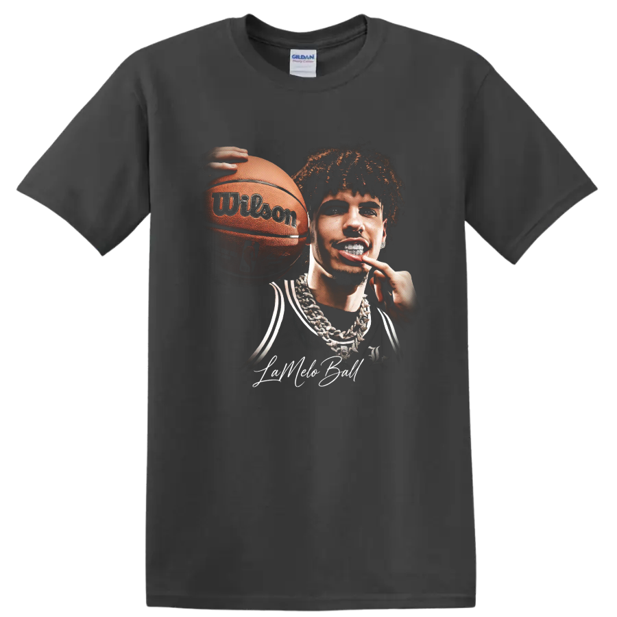 LaMelo Ball holding basketball in bold Charlotte Hornets portrait artwork on a Charcoal T Shirt