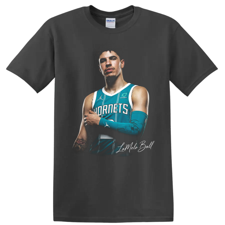 LaMelo Ball Charlotte Hornets teal jersey basketball portrait with script signature on a Charcoal T Shirt