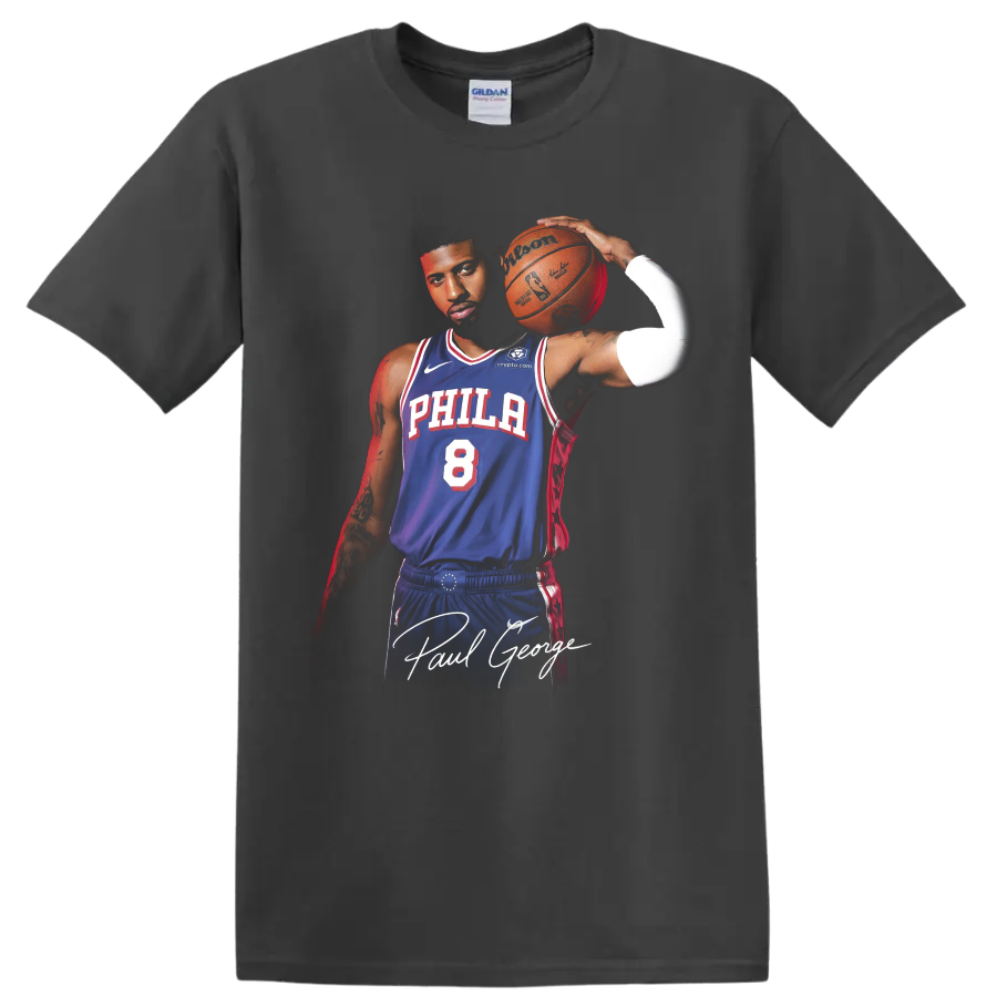 Paul George Philadelphia 76ers basketball portrait with blue number 8 uniform on a Charcoal T Shirt