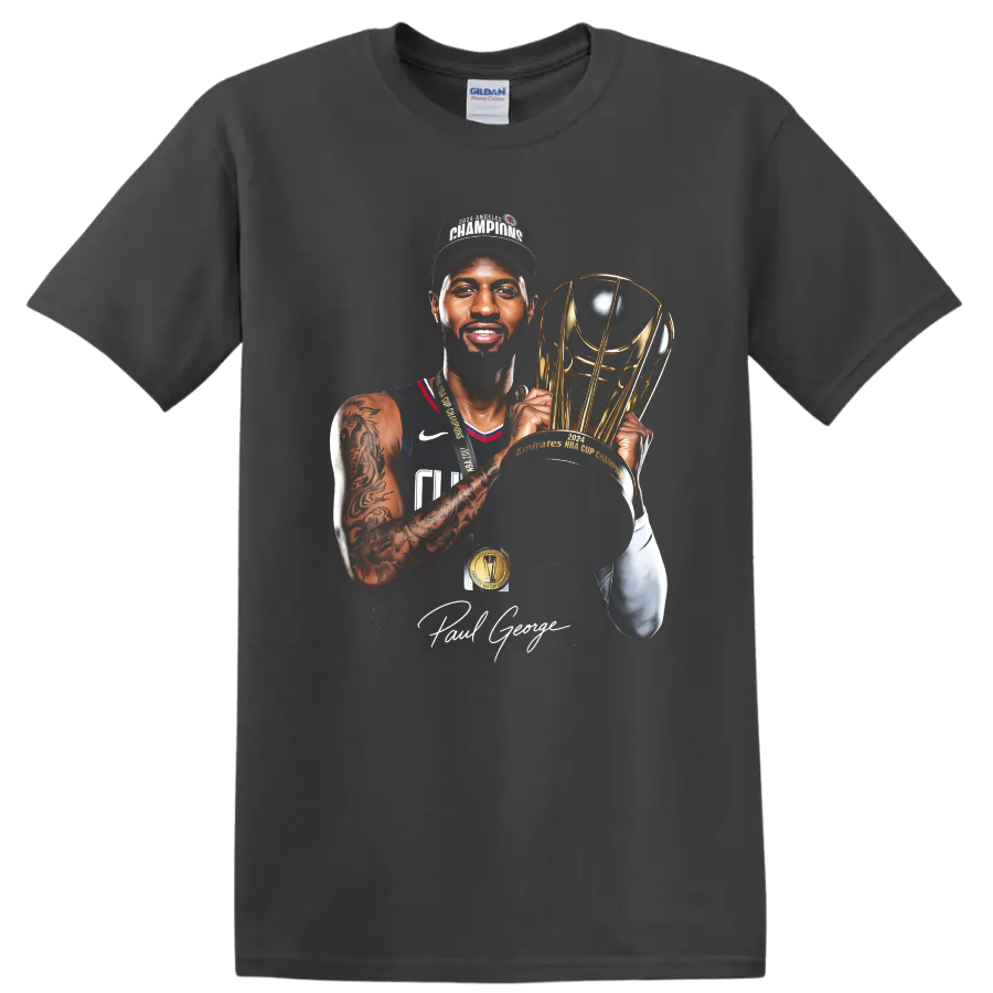 Chris Bosh Miami Heat basketball portrait with championship trophy and signature on a Charcoal T Shirt